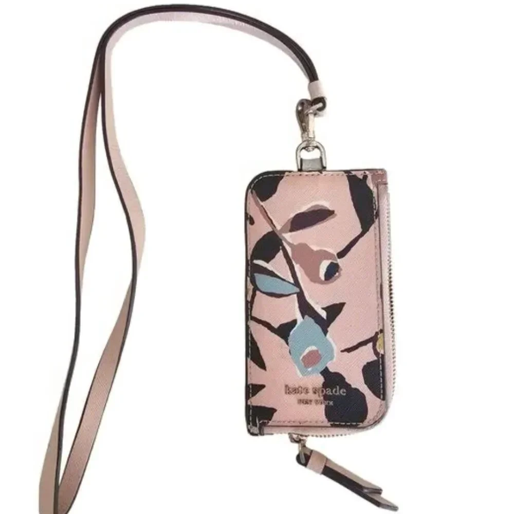 NWT Kate Spade Card Case‎ Lanyard Cameron Paper Rose Pink Multi Wallet ID Holder